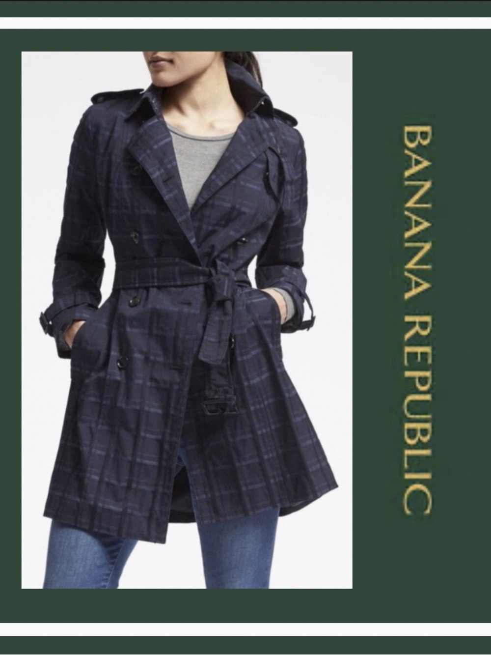 Banana Republic Women's Navy Plaid Trench Coat size S